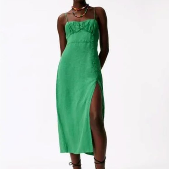 Zara Green Lined Button Midi Dress - Size L - Picture 1 of 4